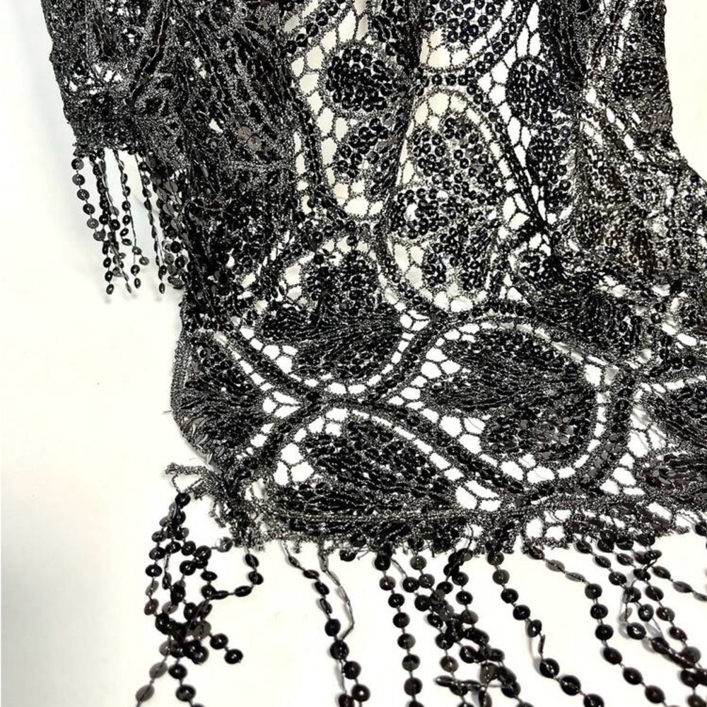 Black Lace Knit Shawl Scarf with Beaded Fringe - Picture 4 of 14